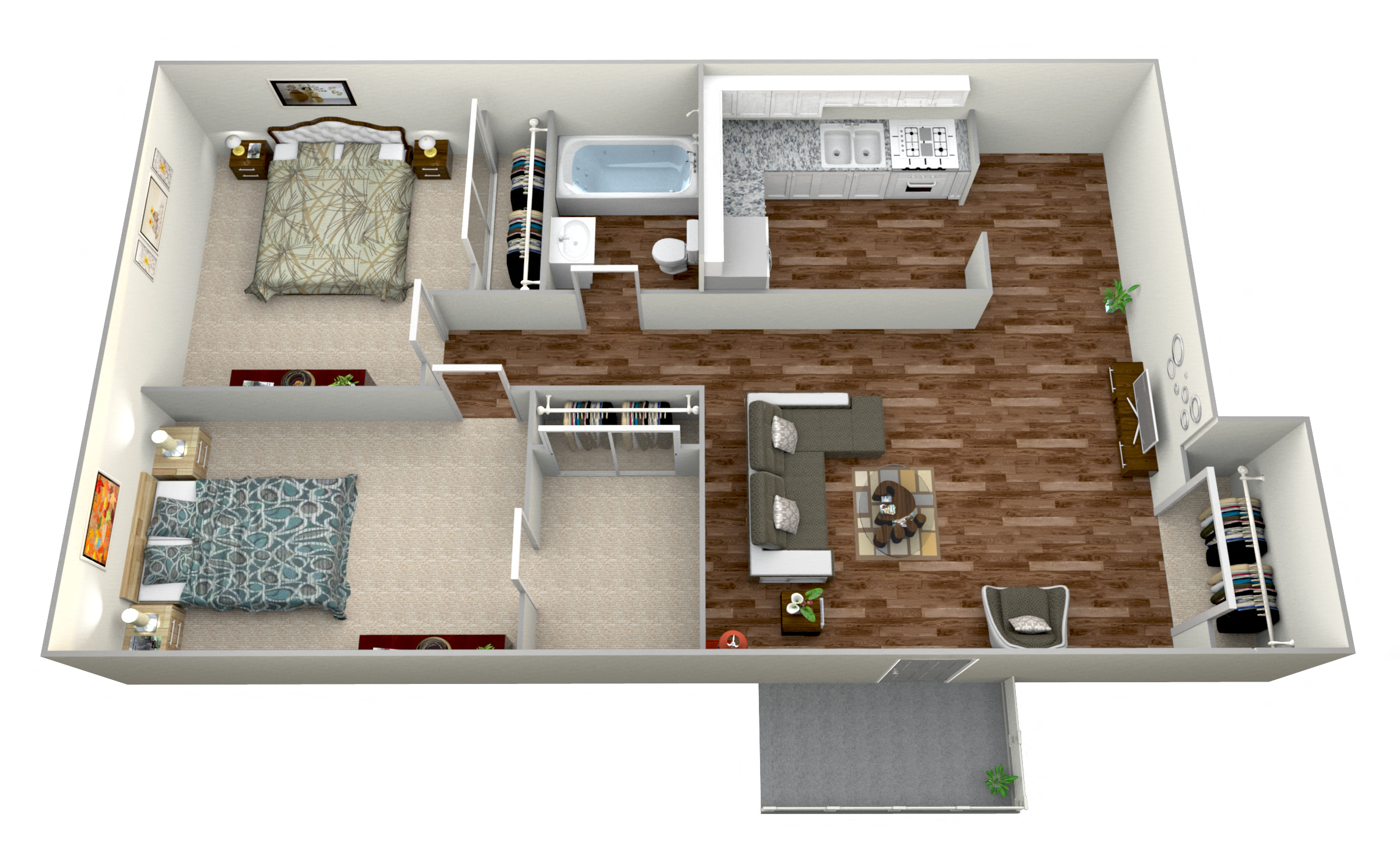 Floor plan for 2 beds, 1 bath, 985 sqft